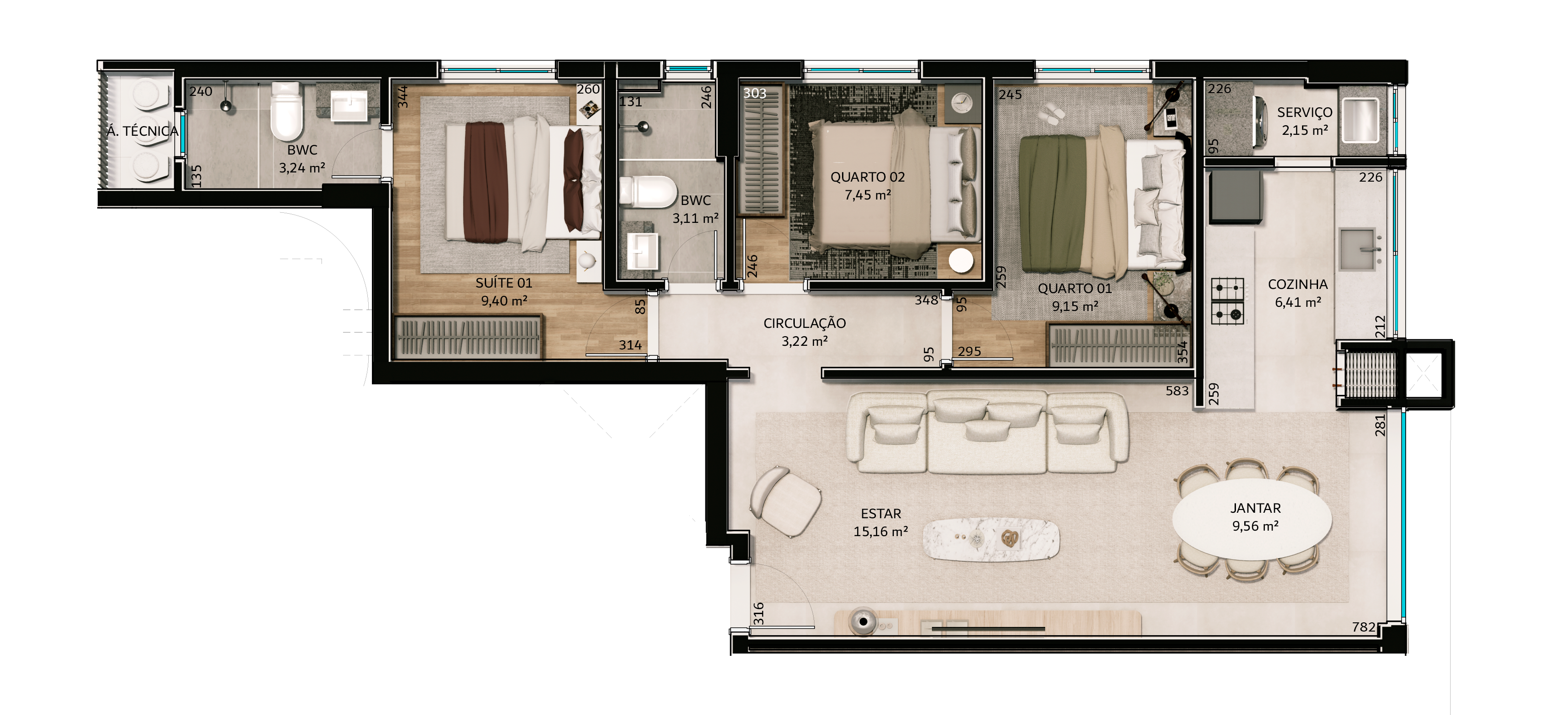 Layout do Apto 03 do Harmony of the Seas, 84 m² com 3 suítes
