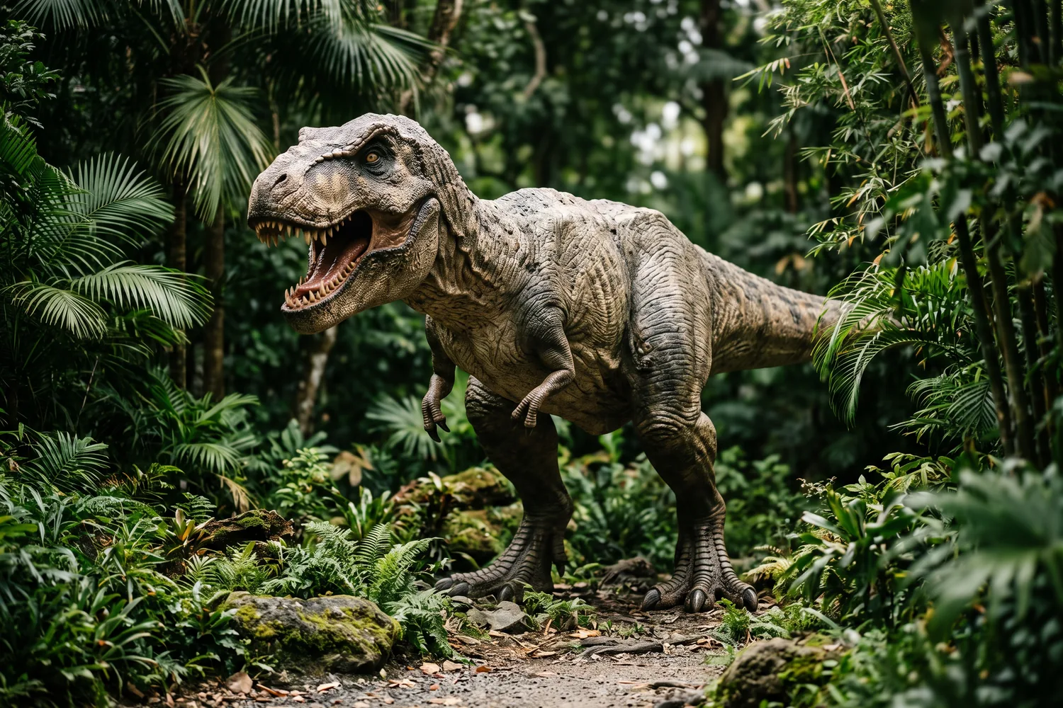 Réplica de dinossauro em parque temático, imagem ilustrativa