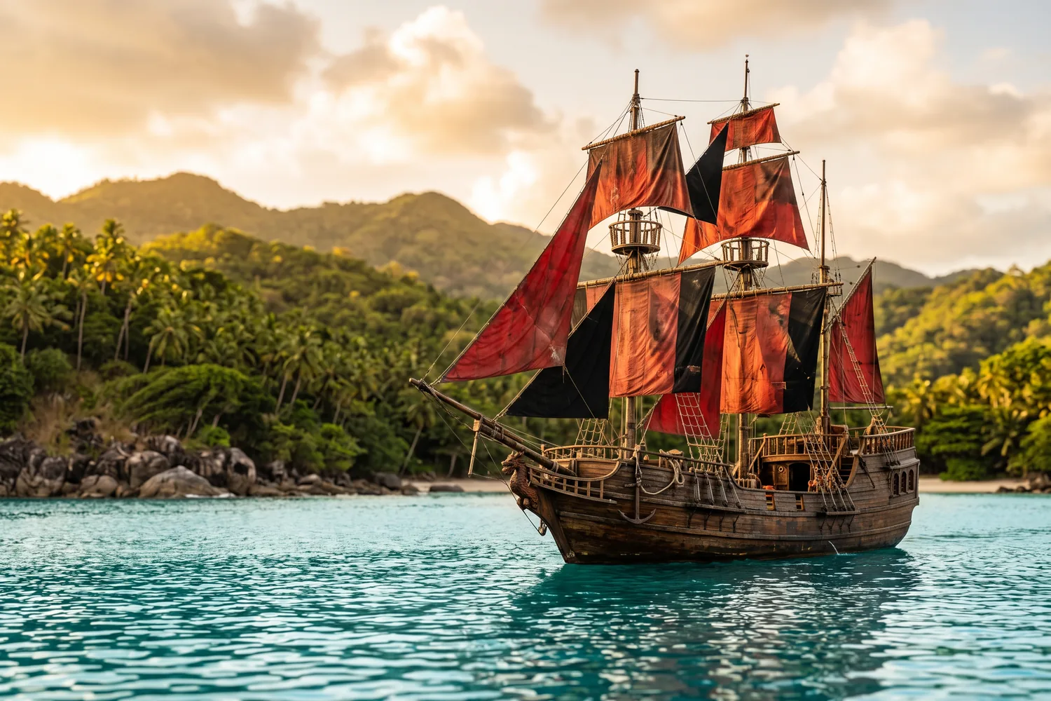 Barco pirata de madeira navegando em baia tropical, imagem ilustrativa