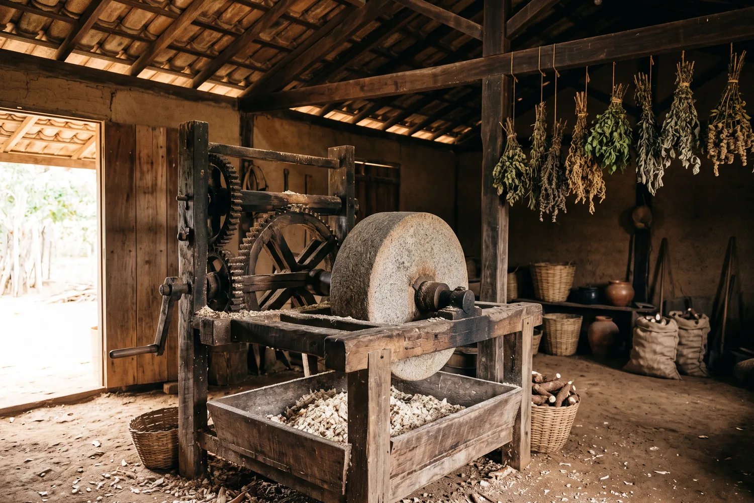 Engenho colonial de farinha de mandioca, imagem ilustrativa