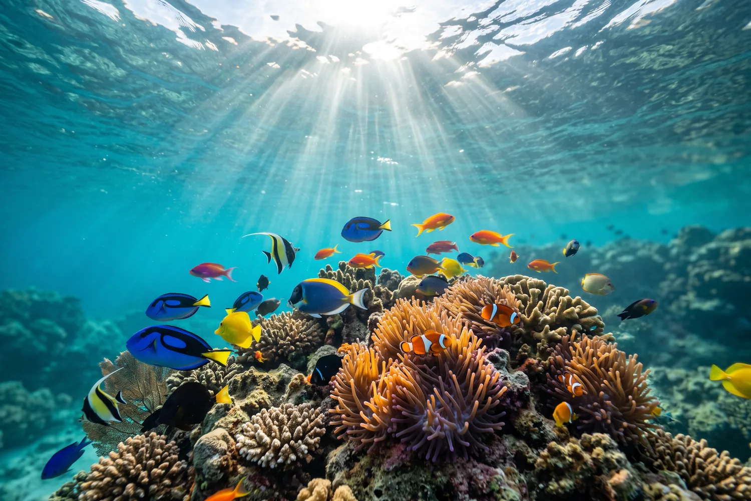 Peixes tropicais em agua cristalina, imagem ilustrativa