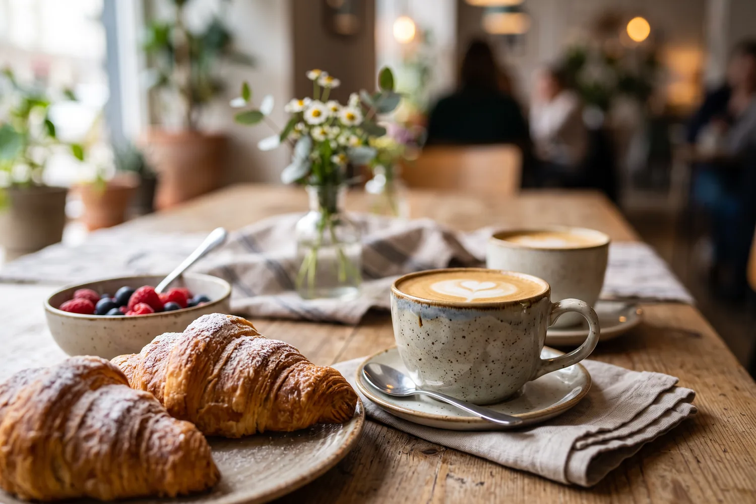 Mesa de brunch com café e croissants, imagem ilustrativa