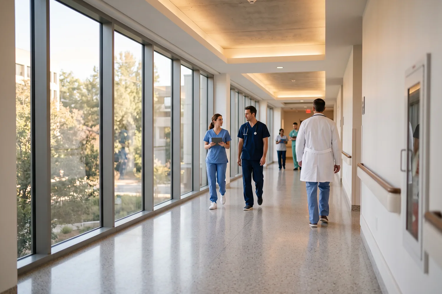 Corredor de hospital moderno com luz natural, imagem ilustrativa