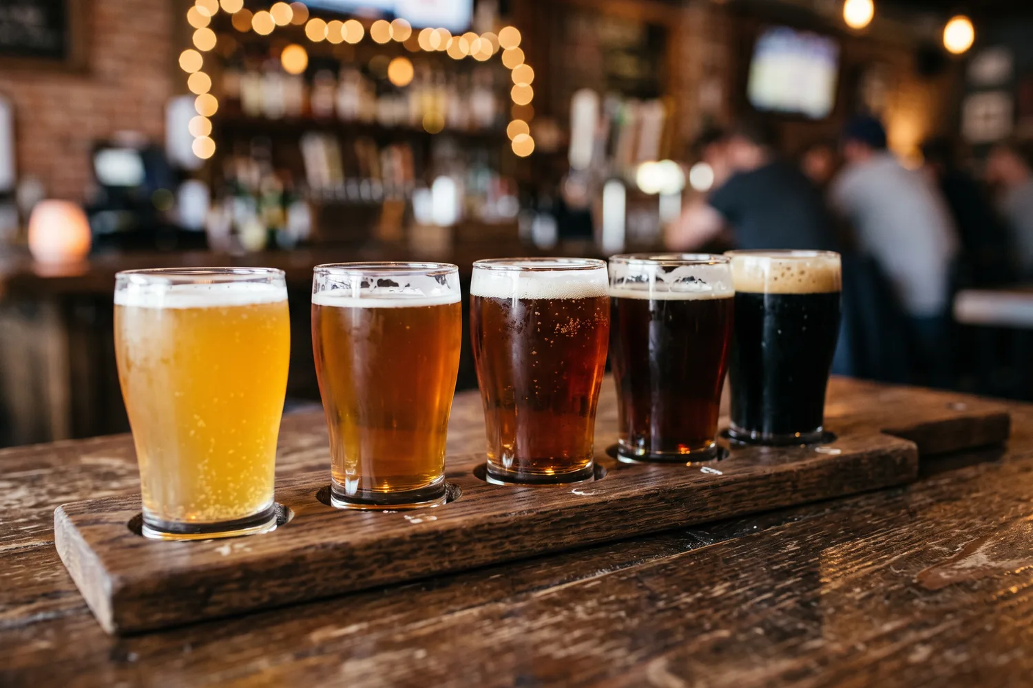 Copos de cerveja artesanal em tábua de degustação, imagem ilustrativa