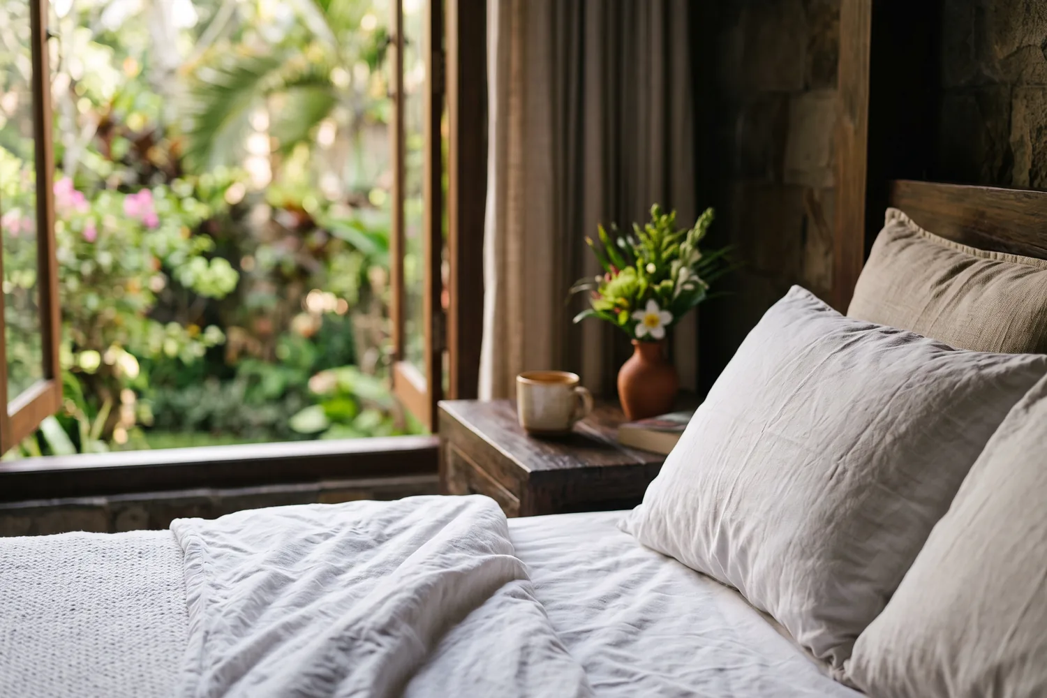 Quarto de pousada com roupa de cama branca e luz natural, imagem ilustrativa