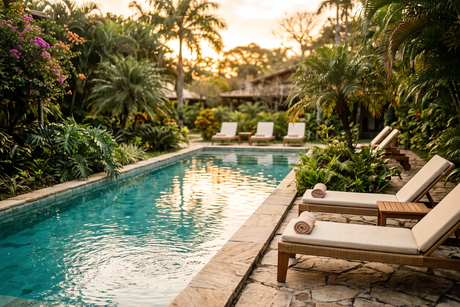 Piscina em pousada com vegetação tropical, imagem ilustrativa