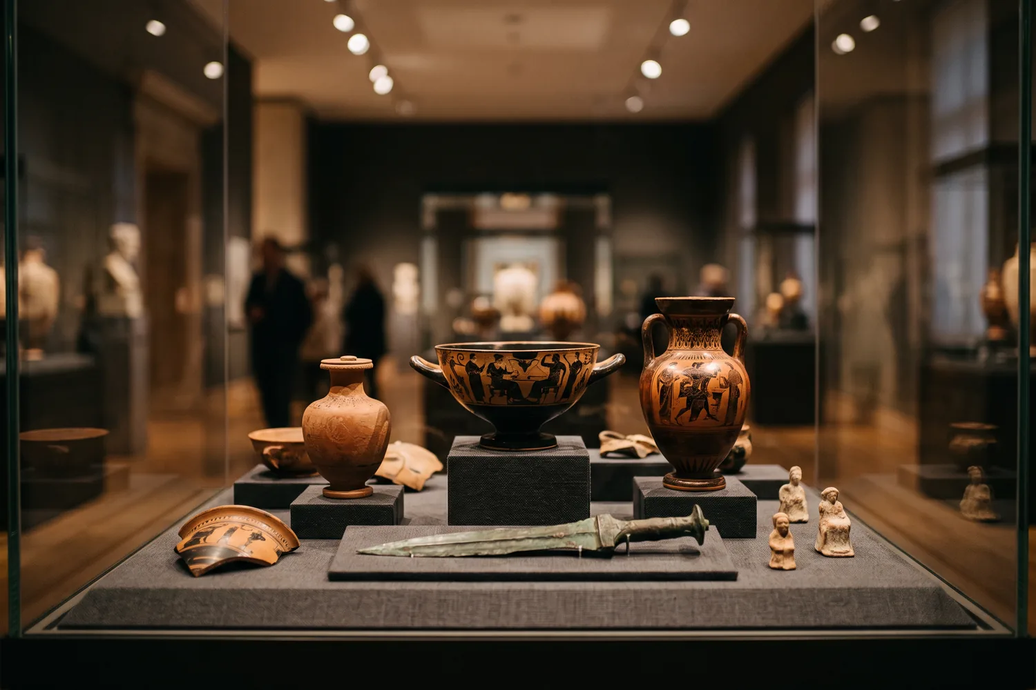 Artefatos arqueológicos em vitrine de museu, imagem ilustrativa