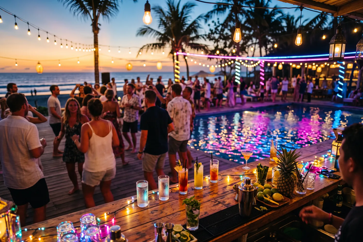 Beach club à beira-mar com estrutura de lazer noturno, imagem ilustrativa