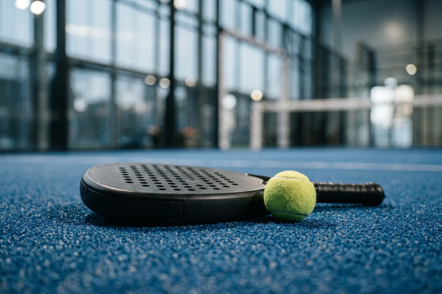 Raquete e bola de padel em quadra indoor, imagem ilustrativa