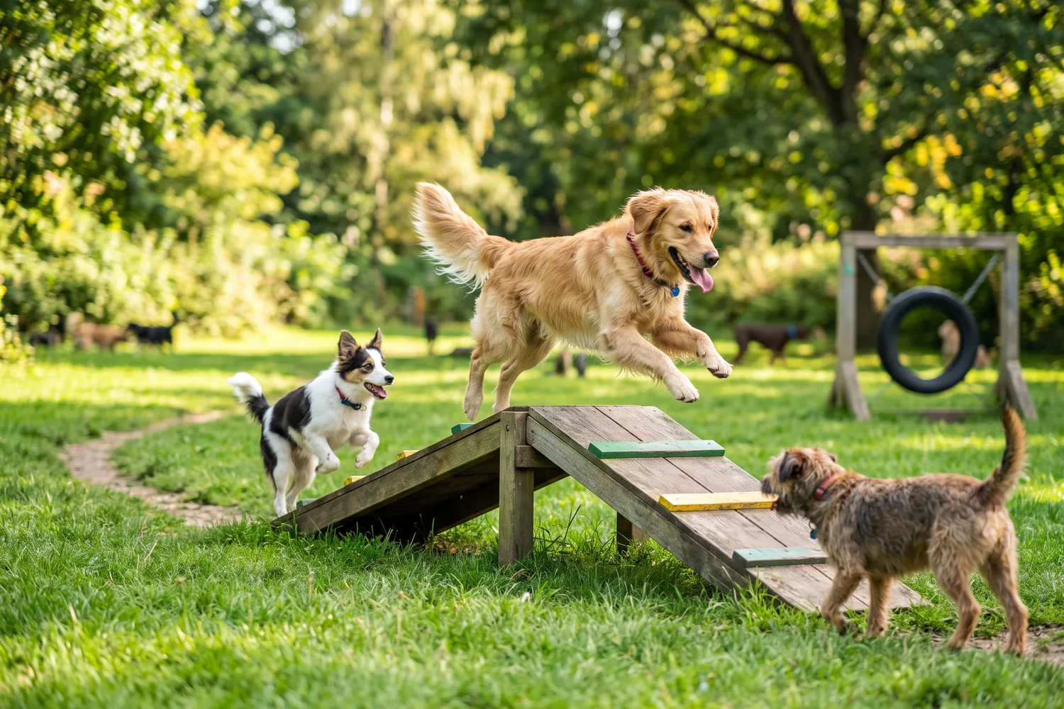 Cães brincando em equipamentos de agility em dog park, imagem ilustrativa