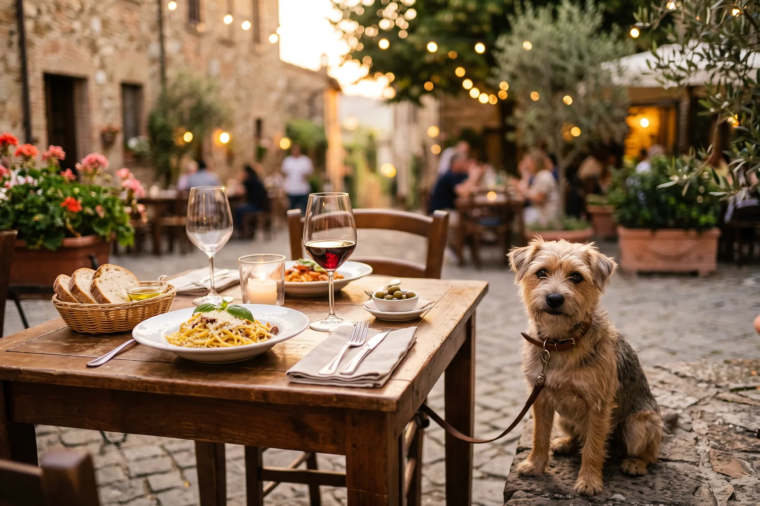 Cachorro ao lado de mesa de restaurante ao ar livre, imagem ilustrativa
