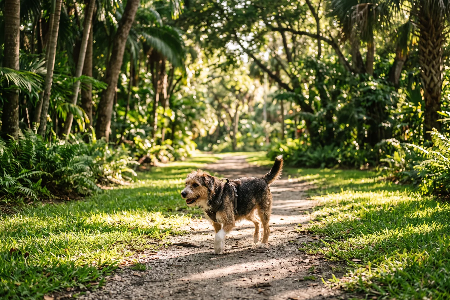 Cachorro passeando em trilha arborizada de parque, imagem ilustrativa