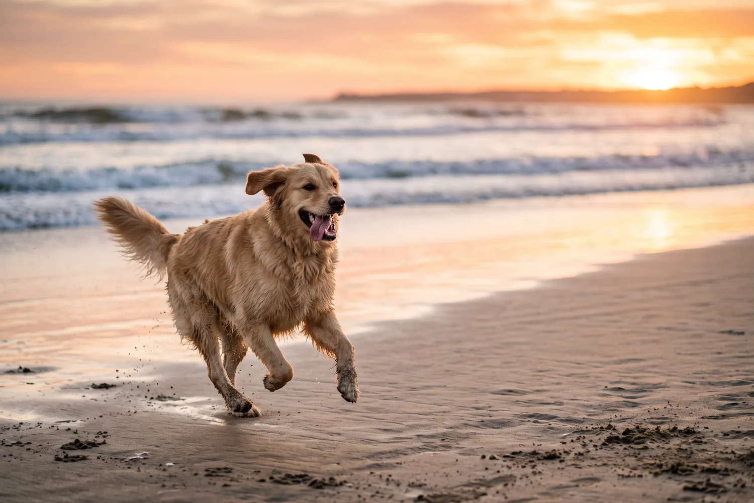 Cachorro correndo na areia da praia ao entardecer, imagem ilustrativa