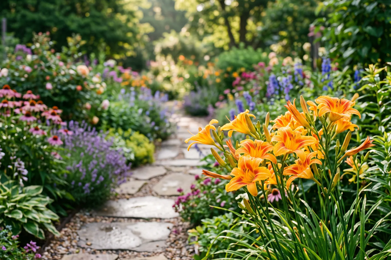 Flores de hemerocallis em tons de laranja e amarelo, imagem ilustrativa