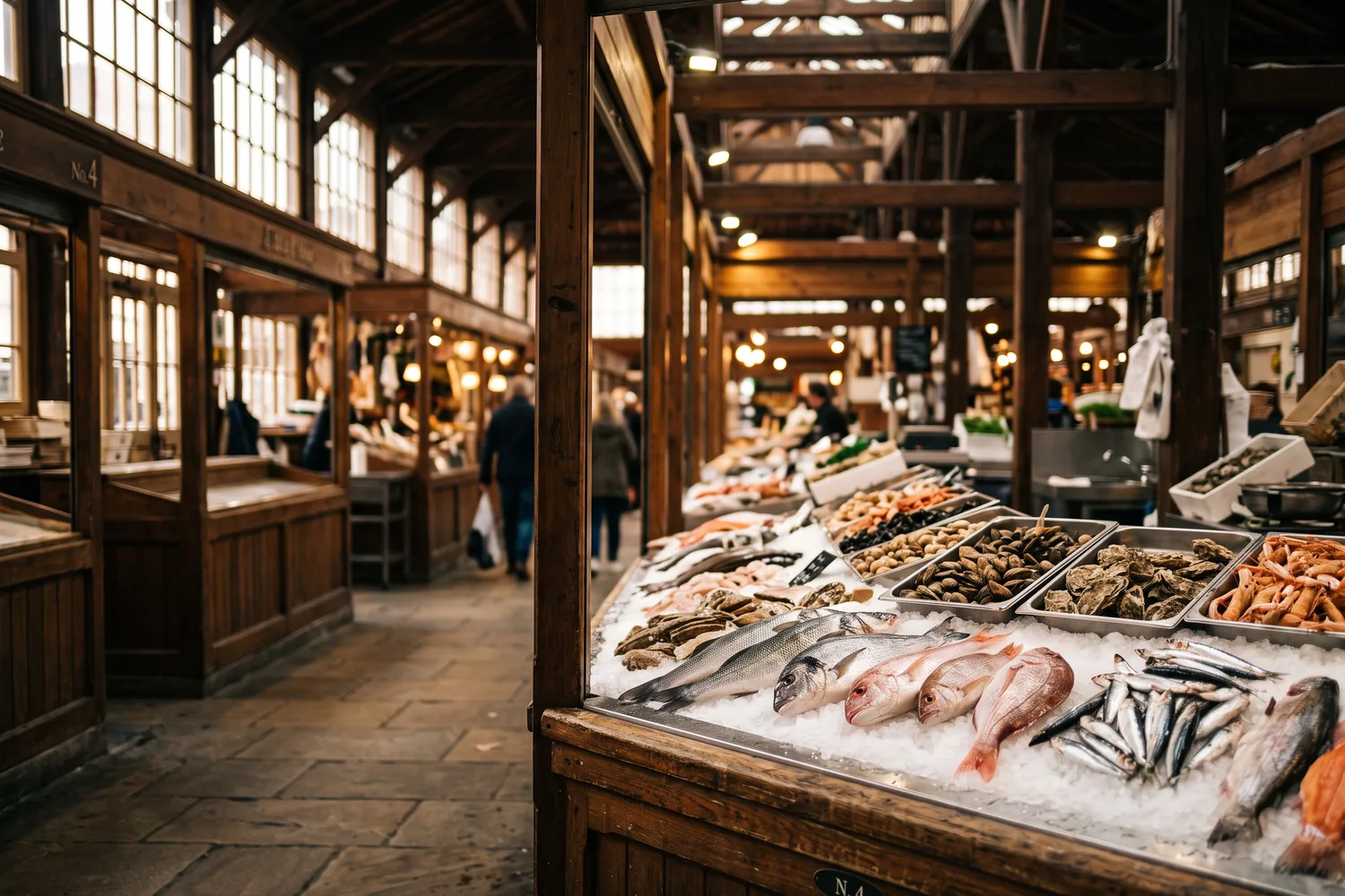 Bancas de mercado público com peixes frescos, imagem ilustrativa
