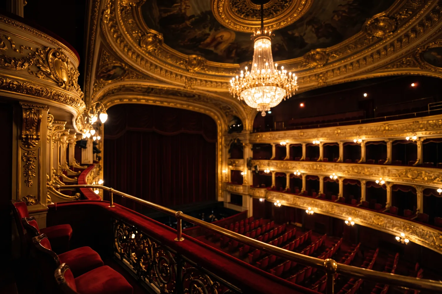Interior de teatro clássico com poltronas de veludo e balcões dourados, imagem ilustrativa